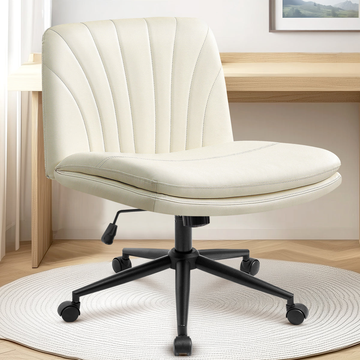 CELTOSS Criss Cross Office Chair, Armless Cross Legged Computer Desk Chair with 2-in-1 Wheels & Foot Pads, Double-Layer Seat Cushion, PU Leather Vanity Chair