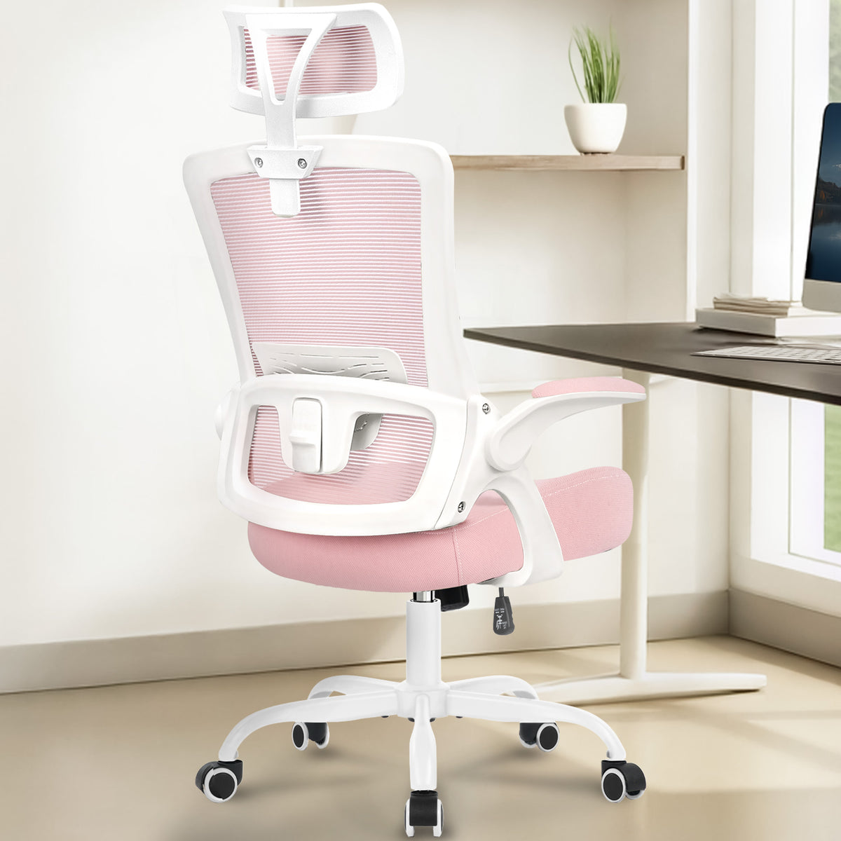 CELTOSS Ergonomic Office Chair, High Back Flip-Up Armrests Design, Adjustable Mesh Headrest and Lumbar Support, Steel Base