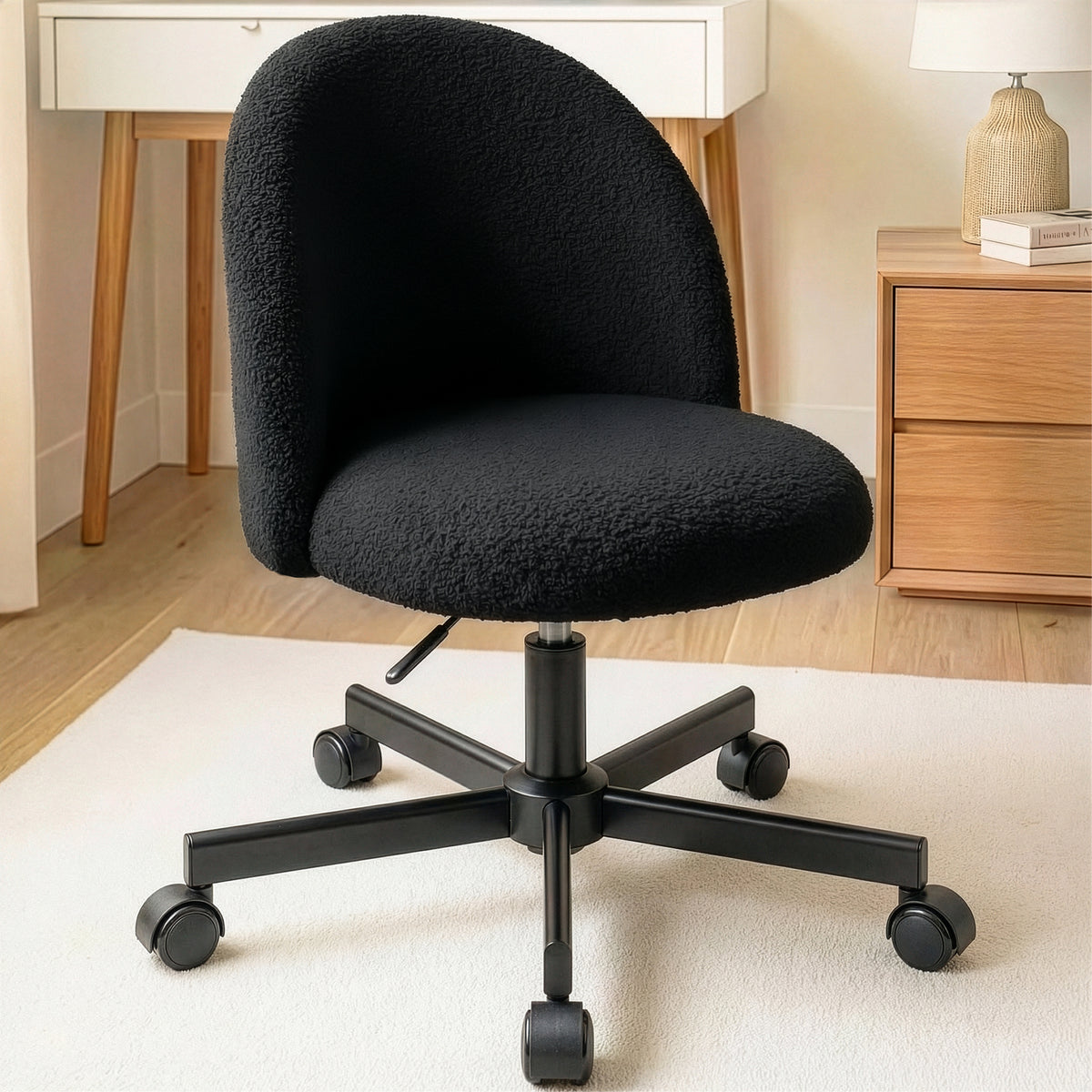 CELTOSS Home Office Desk Chair, Cute Teddy Fabric Swivel Vanity Stool, Mid Back Adjustable Armless Task Chair with Wheels