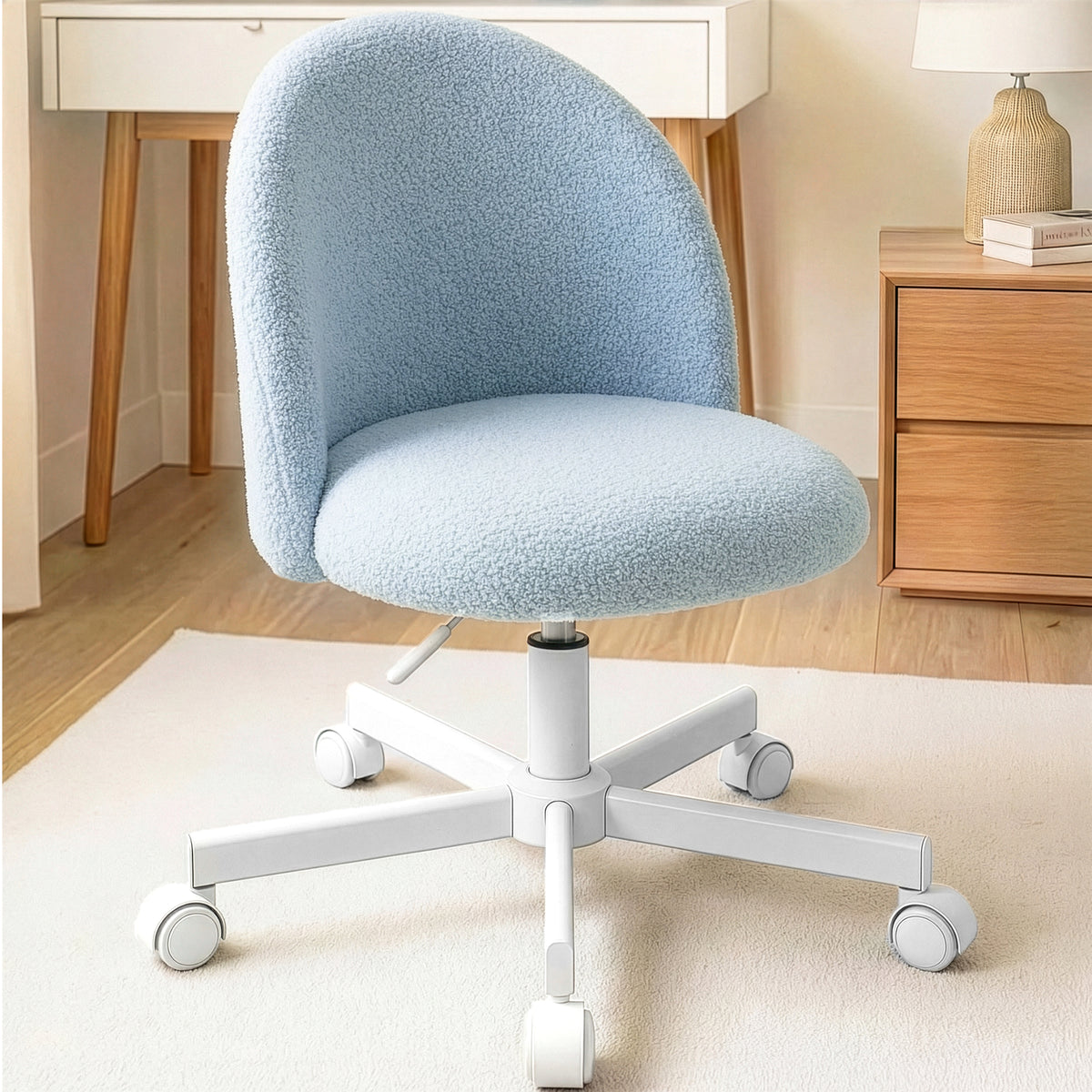 CELTOSS Home Office Desk Chair, Cute Teddy Fabric Swivel Vanity Stool, Mid Back Adjustable Armless Task Chair with Wheels
