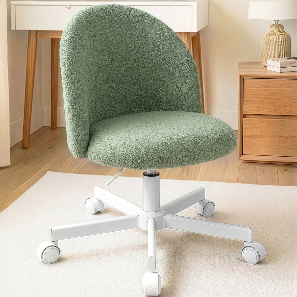 CELTOSS Home Office Desk Chair, Cute Teddy Fabric Swivel Vanity Stool, Mid Back Adjustable Armless Task Chair with Wheels