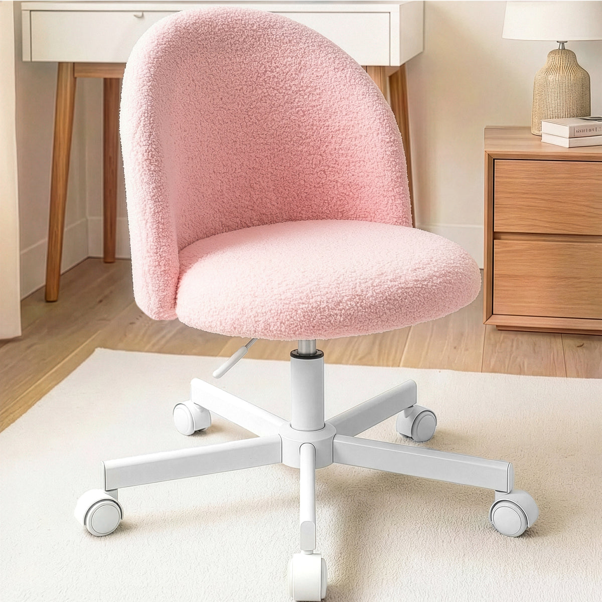 CELTOSS Home Office Desk Chair, Cute Teddy Fabric Swivel Vanity Stool, Mid Back Adjustable Armless Task Chair with Wheels