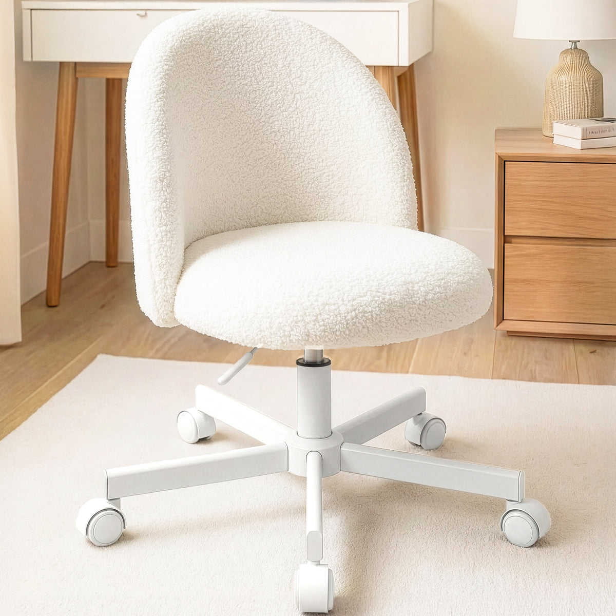 CELTOSS Home Office Desk Chair, Cute Teddy Fabric Swivel Vanity Stool, Mid Back Adjustable Armless Task Chair with Wheels