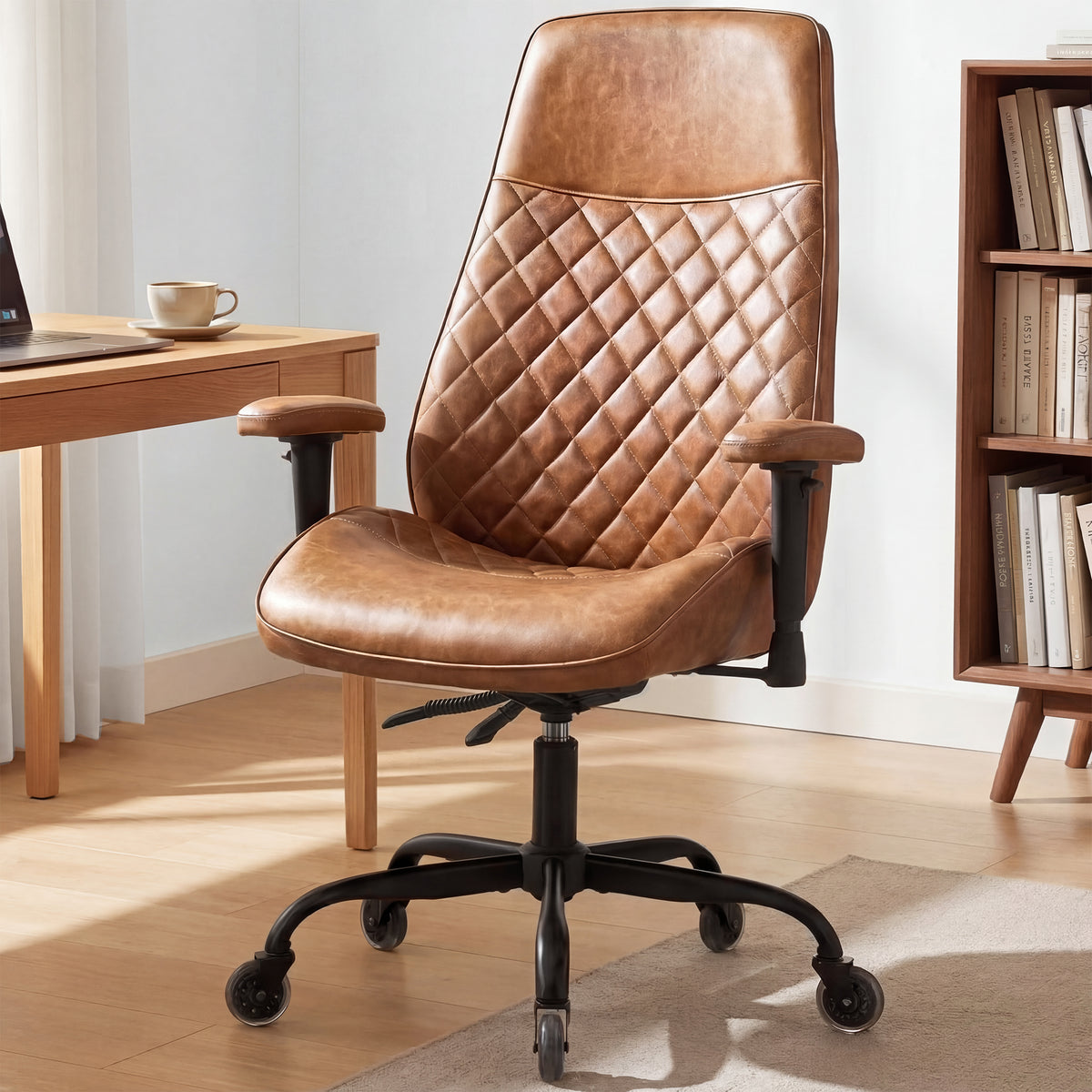CELTOSS Executive Office Chair, Mid-Century Modern High Back Ergonomic PU Leather Desk Chair with Lumbar & Neck Support, Adjustable Arms for Home Office