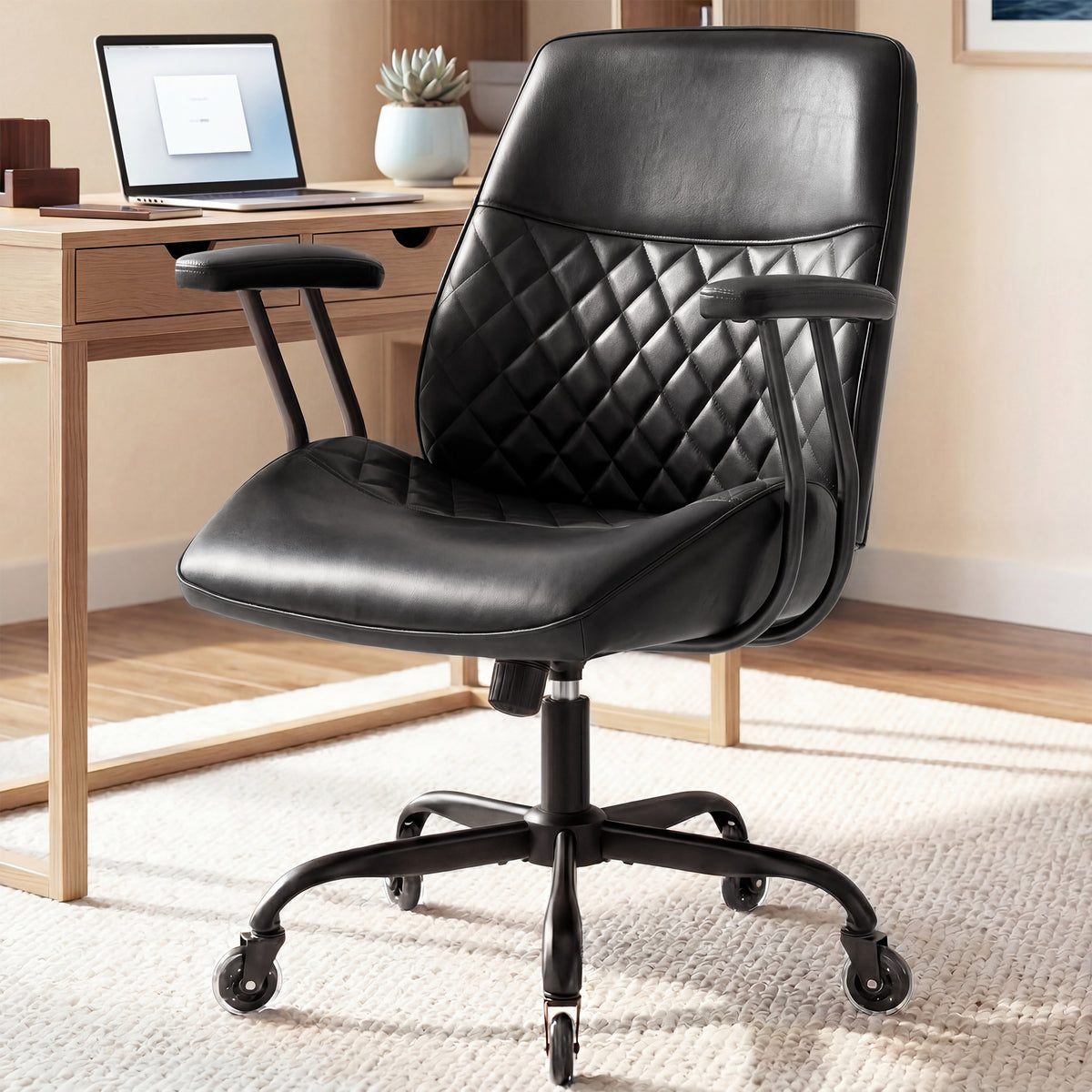 CELTOSS Executive Office Chair, Mid-Century Modern Ergonomic Mid Back Computer Desk Chair with Lumbar Support, PU Leather, Adjustable Height & Swivel for Home Office
