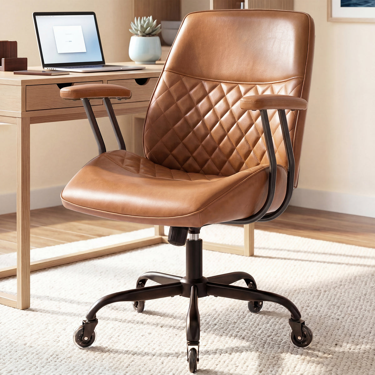 CELTOSS Executive Office Chair, Mid-Century Modern Ergonomic Mid Back Computer Desk Chair with Lumbar Support, PU Leather, Adjustable Height & Swivel for Home Office