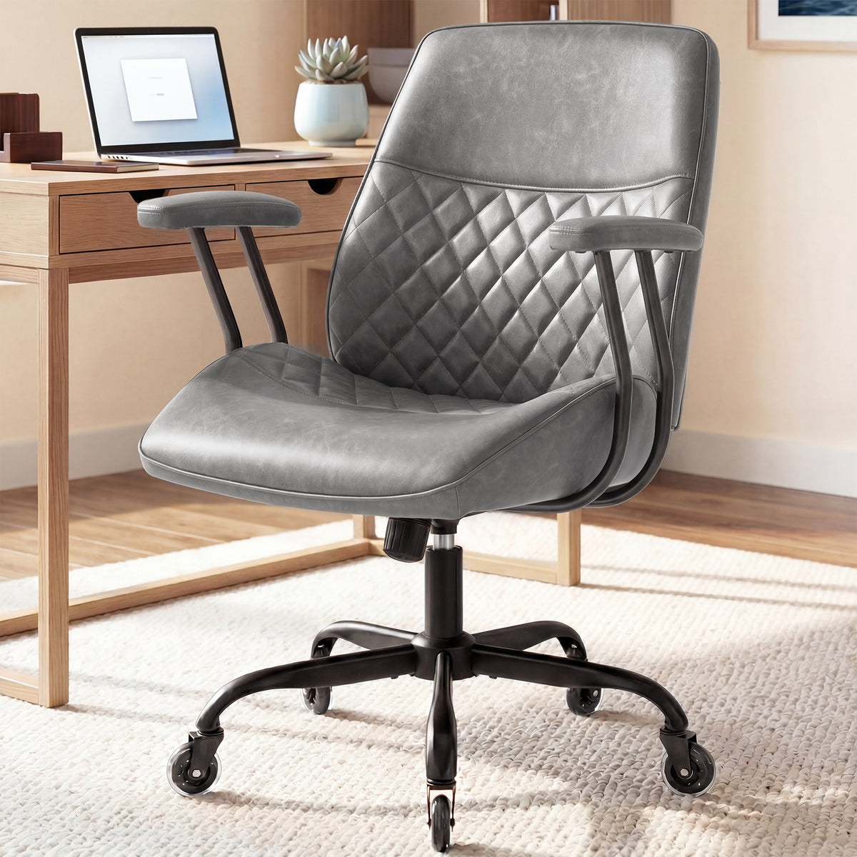 CELTOSS Executive Office Chair, Mid-Century Modern Ergonomic Mid Back Computer Desk Chair with Lumbar Support, PU Leather, Adjustable Height & Swivel for Home Office