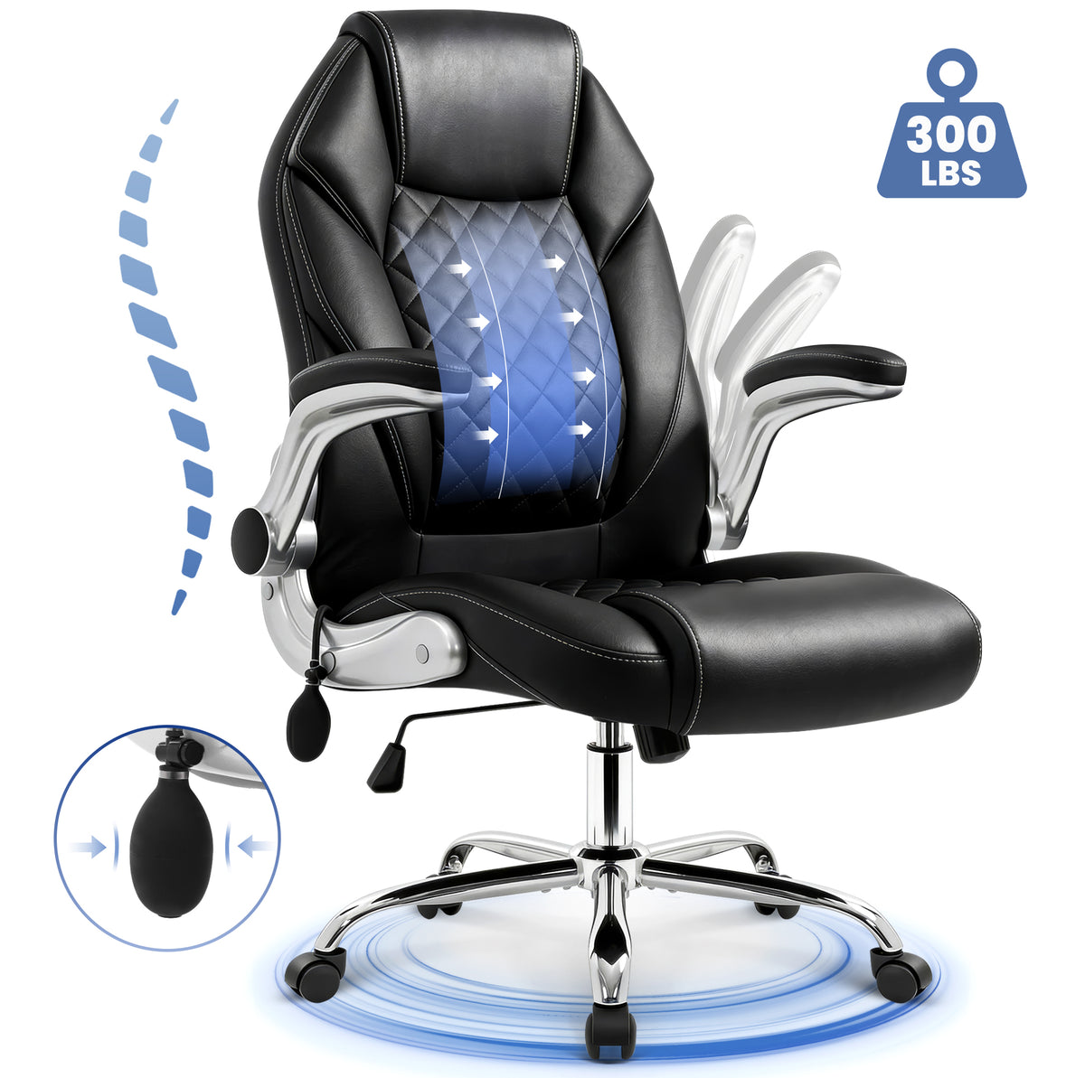CELTOSS Executive Office Chair, Big and Tall Ergonomic High Back Computer Chair, 300LBS Heavy Duty Desk Chair with Wide Seat, Adjustable Lumbar Support and Flip-Up Arms, Home Office Chair
