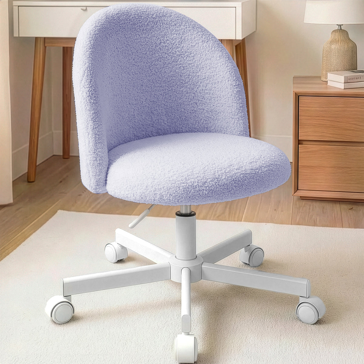 CELTOSS Home Office Desk Chair, Cute Teddy Fabric Swivel Vanity Stool, Mid Back Adjustable Armless Task Chair with Wheels