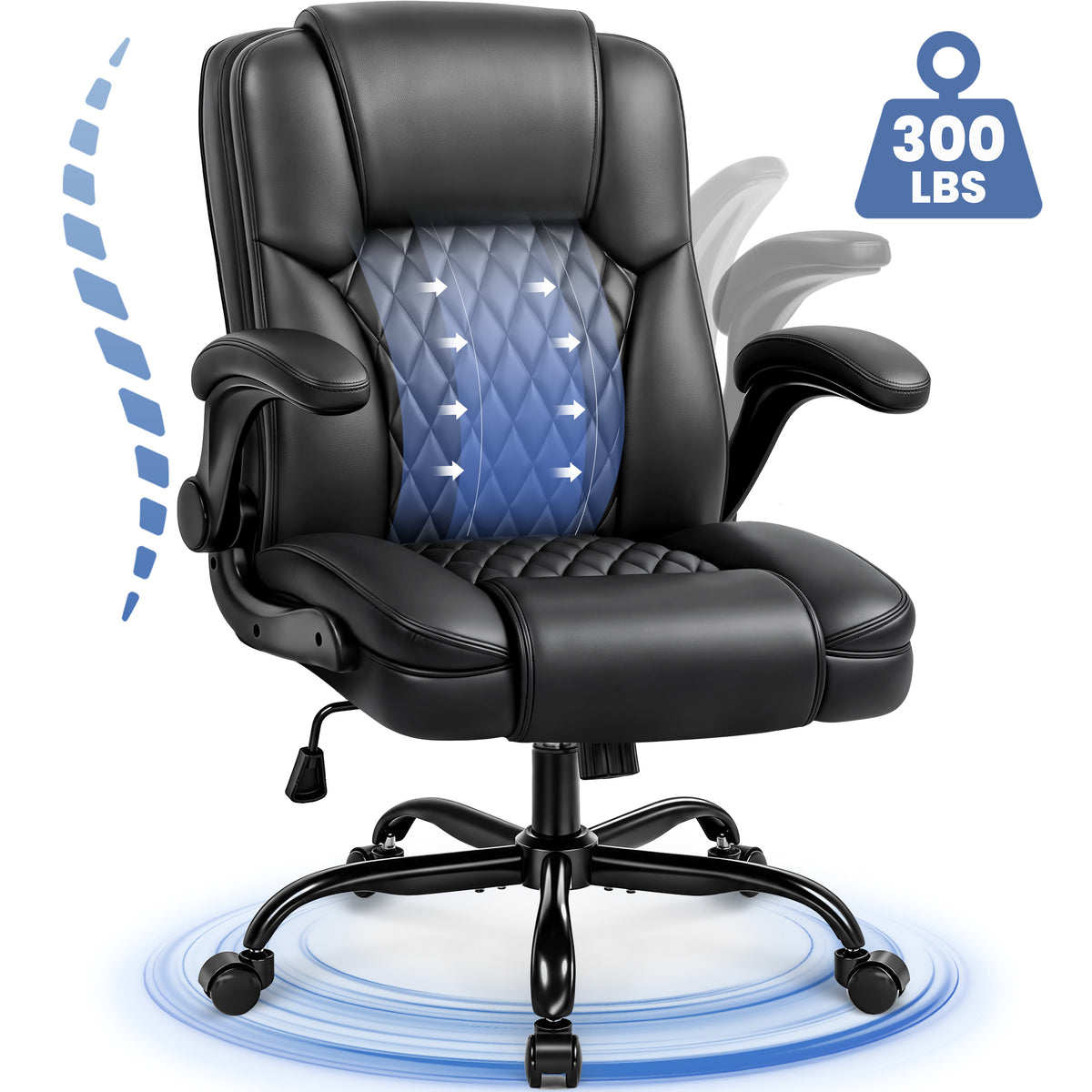 CELTOSS Leather Office Chair, Ergonomic Mid Back Executive Desk Chair with Wide Seat, Lumbar Support, 300 lbs Capacity