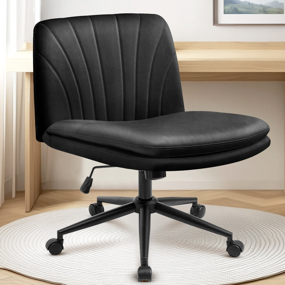 CELTOSS Criss Cross Office Chair, Armless Cross Legged Computer Desk Chair with 2-in-1 Wheels & Foot Pads, Double-Layer Seat Cushion, PU Leather Vanity Chair