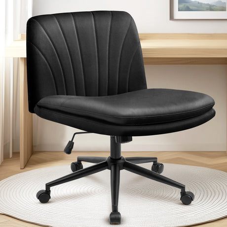 CELTOSS Criss Cross Office Chair, Armless Cross Legged Computer Desk Chair with 2-in-1 Wheels & Foot Pads, Double-Layer Seat Cushion, PU Leather Vanity Chair