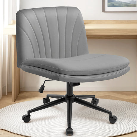 CELTOSS Criss Cross Office Chair, Armless Cross Legged Computer Desk Chair with 2-in-1 Wheels & Foot Pads, Double-Layer Seat Cushion, PU Leather Vanity Chair