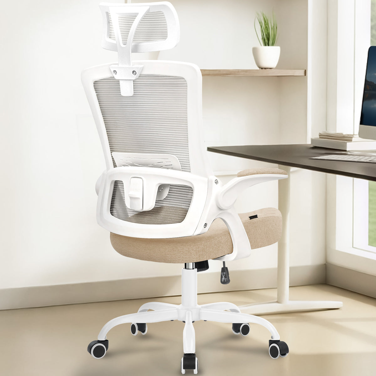 CELTOSS Ergonomic Office Chair, High Back Flip-Up Armrests Design, Adjustable Mesh Headrest and Lumbar Support, Steel Base