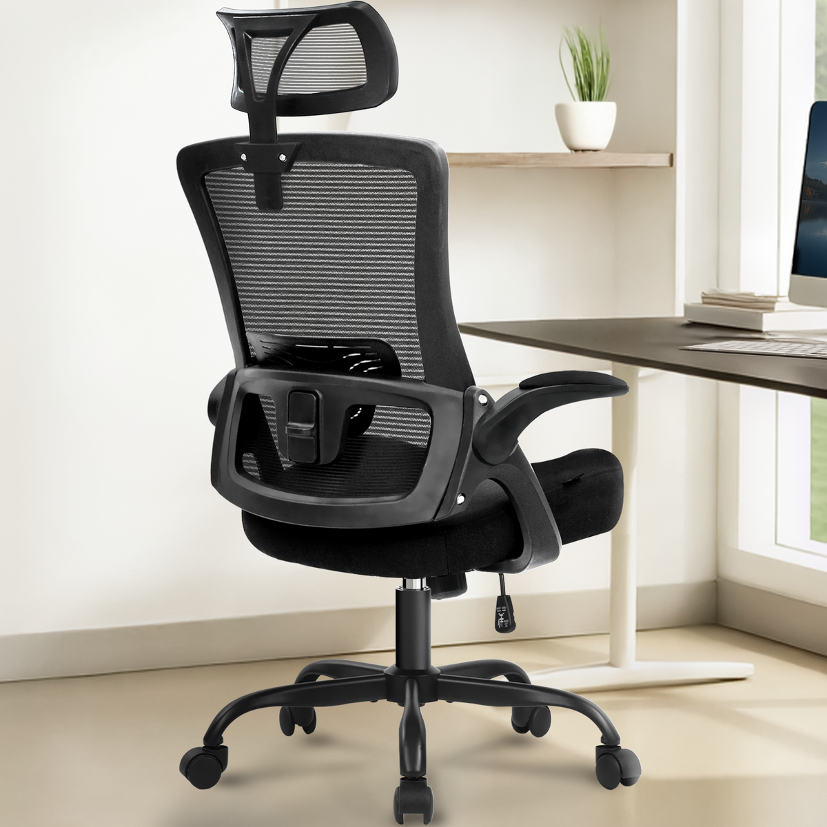 CELTOSS Ergonomic Office Chair, High Back Flip-Up Armrests Design, Adjustable Mesh Headrest and Lumbar Support, Steel Base