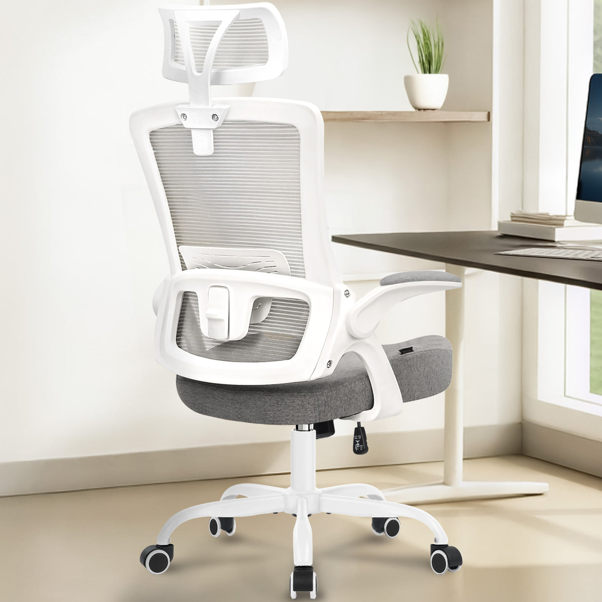 CELTOSS Ergonomic Office Chair, High Back Flip-Up Armrests Design, Adjustable Mesh Headrest and Lumbar Support, Steel Base
