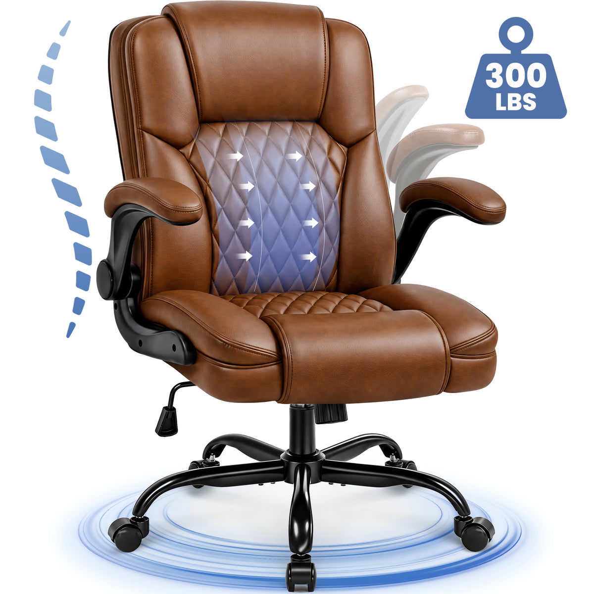 CELTOSS Leather Office Chair, Ergonomic Mid Back Executive Desk Chair with Wide Seat, Lumbar Support, 300 lbs Capacity