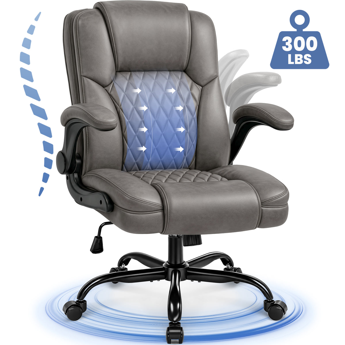 CELTOSS Leather Office Chair, Ergonomic Mid Back Executive Desk Chair with Wide Seat, Lumbar Support, 300 lbs Capacity